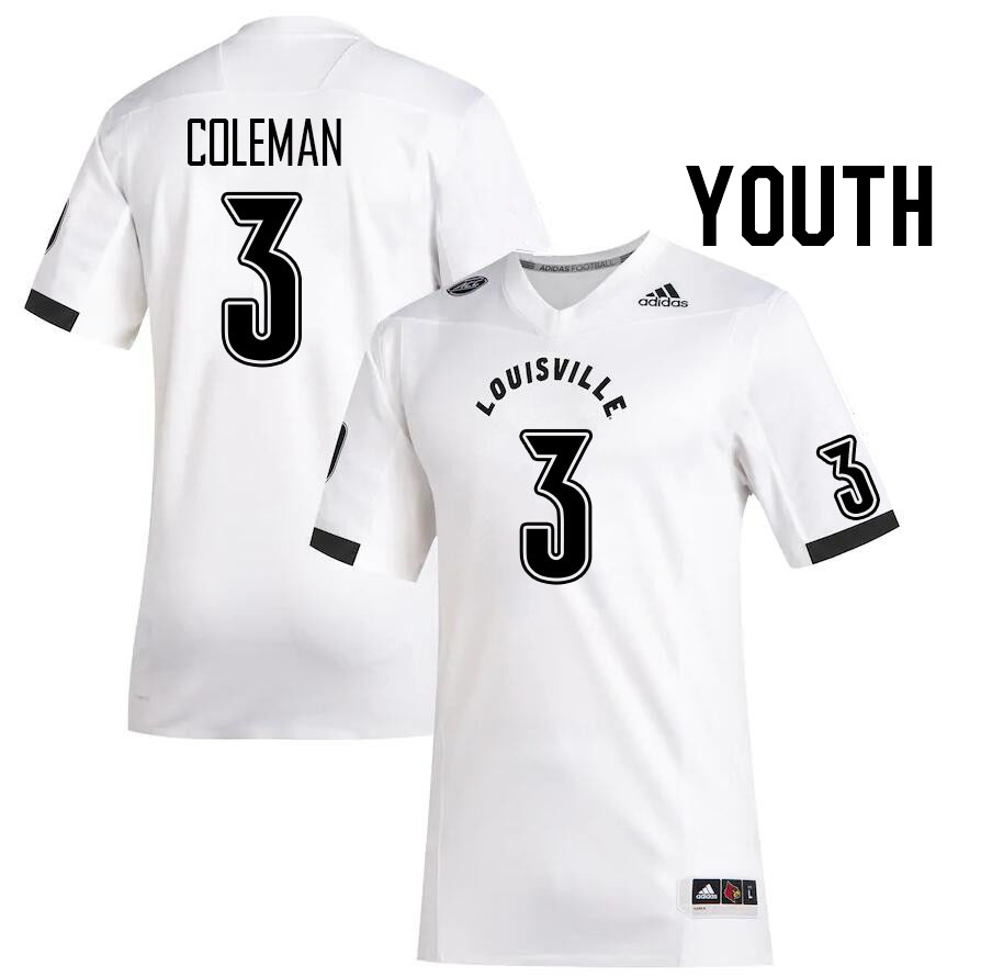 Youth #3 Kevin Coleman Louisville Cardinals College Football Jerseys Stitched Sale-White - Click Image to Close